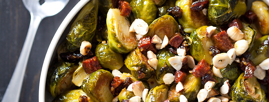 Pineapple Glazed Brussels Sprouts with Chorizo and Dates