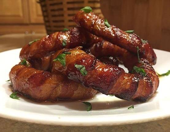 Bacon Wrapped Onion Rings with Sriracha Honey Glaze