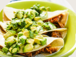 Chicken Mole Tacos with Avocado Salsa